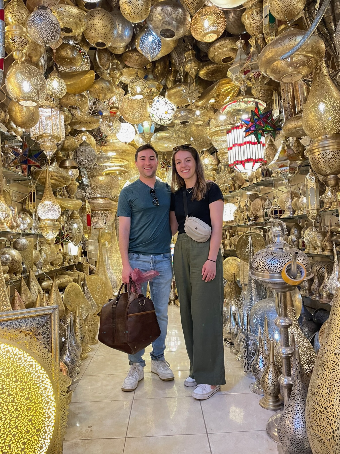 Caitlin and Paul at a lamp souk in Marrakech